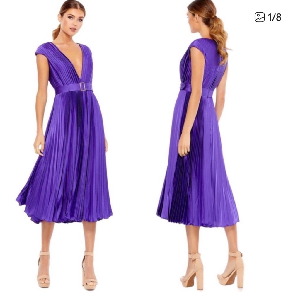 Mac Duggal Vibrant Purple Pleated Midi Dress